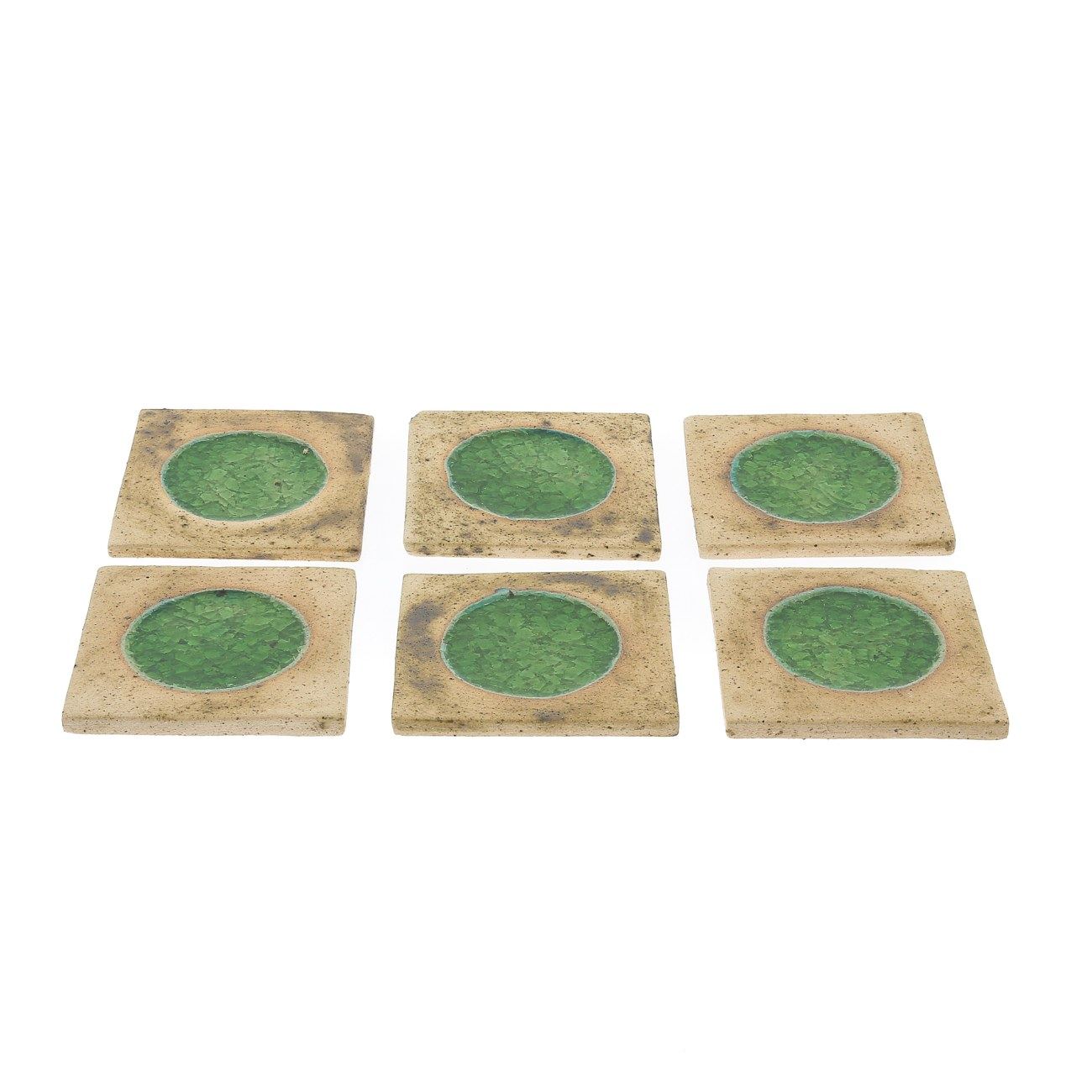 Drink Serving Coasters Set of 6 Handmade Beige Ceramic & Green Glass