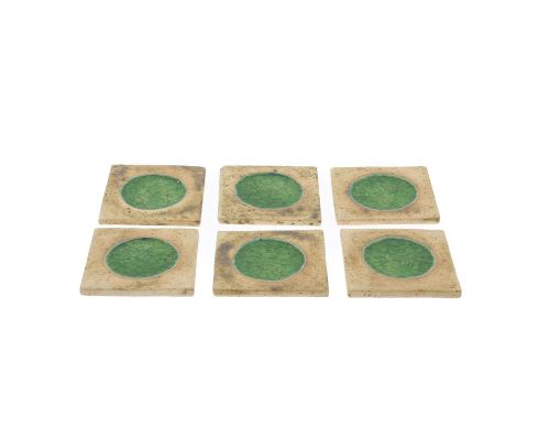 Drink Serving Coasters Set of 6 - Handmade Beige Ceramic & Green Glass - Casual Style