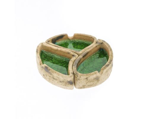 Ashtray - Handmade Beige Ceramic & Green Glass - 3 Sections 