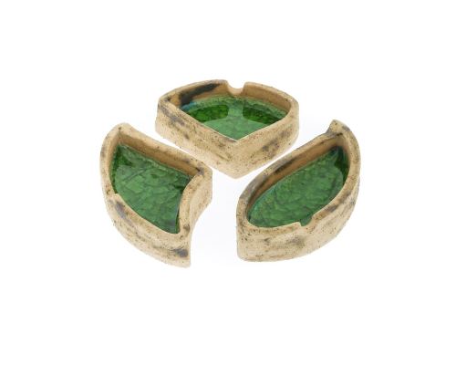 Ashtray - Handmade Beige Ceramic & Green Glass - 3 Sections 