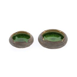 Ashtray Set of 2 - Handmade Brown Ceramic & Green Glass - Casual Style - Large & Small 