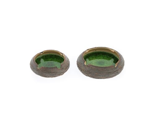 Ashtray Set of 2 - Handmade Brown Ceramic & Green Glass - Casual Style - Large & Small 