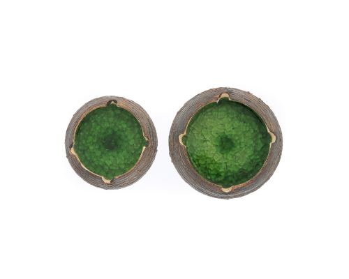 Ashtray Set of 2 - Handmade Brown Ceramic & Green Glass - Casual Style - Large & Small 