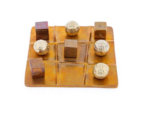 Tic Tac Toe Decorative Board Game - Handmade Bronze Metal - Table Art Decor - Brown & Gold - 13x13cm (5.1'' x 5.1'')