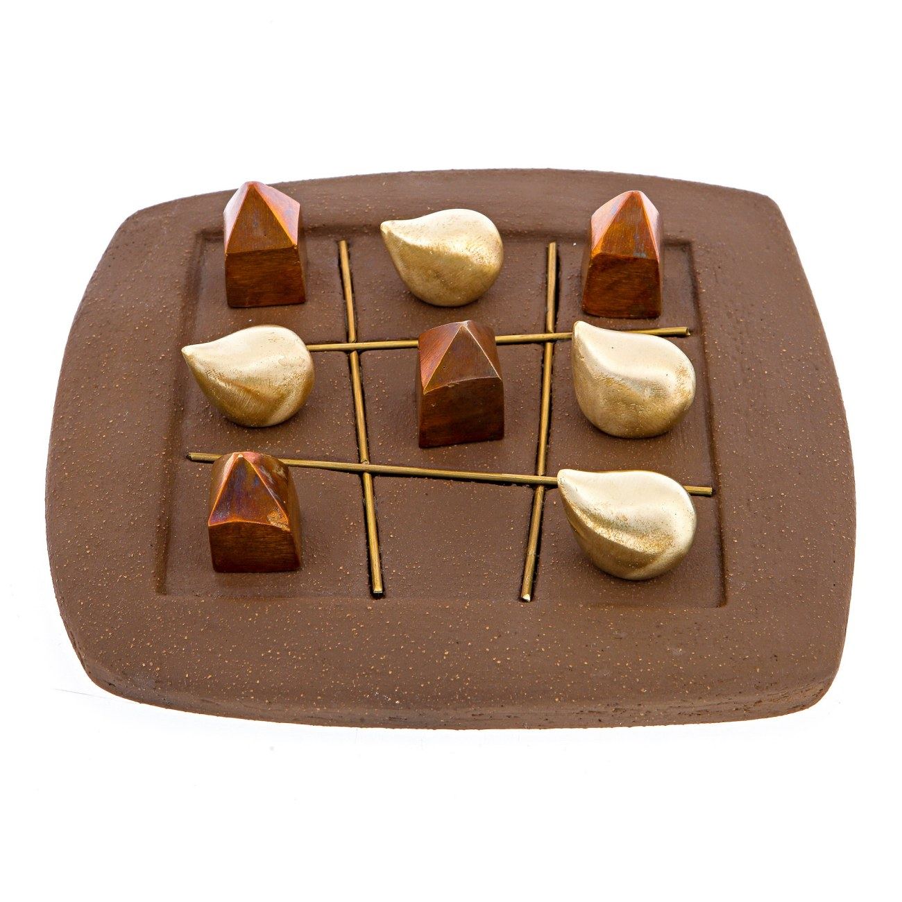 Tic Tac Toe Decorative Board Game Handmade Ceramic & Bronze Metal