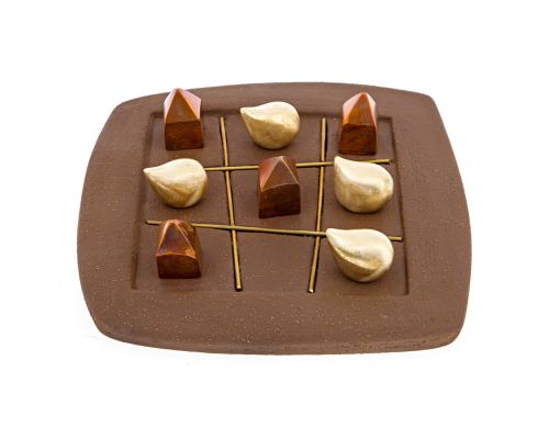 Tic Tac Toe Decorative Board Game - Handmade Ceramic & Bronze Metal - Table Art Decor - Brown & Gold