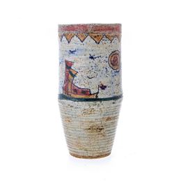 Modern Ceramic Decorative Sailboat Sailing Design Round Flower Vase, Unique Hand Painted Home Art Decor Stoneware 23cm (9")