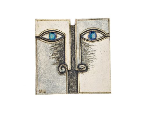 Decorative Square Platter, Handmade Ceramic Archaic Style - Face Design A 8" (20cm)