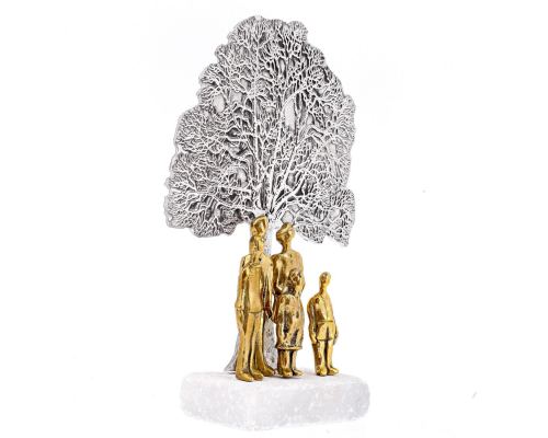 "Family Tree" Metal Sculpture - Handmade Bronze & Aluminum on Marble Base, Table Ornament - 2 Adults & 3 Children