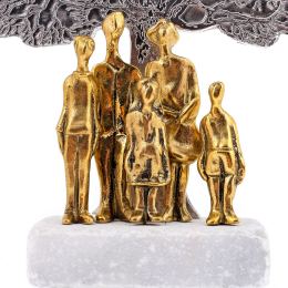 "Family Tree" Metal Sculpture - Handmade Bronze & Aluminum on Marble Base, Table Ornament - 2 Adults & 3 Children