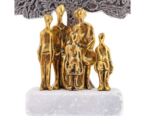 "Family Tree" Metal Sculpture - Handmade Bronze & Aluminum on Marble Base, Table Ornament - 2 Adults & 3 Children