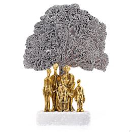 "Family Tree" Metal Sculpture - Handmade Bronze & Aluminum on Marble Base, Table Ornament - 2 Adults & 3 Children