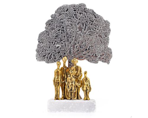 "Family Tree" Metal Sculpture - Handmade Bronze & Aluminum on Marble Base, Table Ornament - 2 Adults & 3 Children