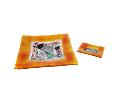 Ashtray - Handmade Fused Glass, Rectangular Shape - Decorative Smoke Accessory - Orange 16cm (6.3'')