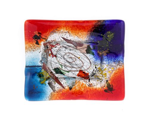 Ashtray - Handmade Fused Glass, Rectangular Shape - Decorative Smoke Accessory - Red Blue 16cm (6.3'')