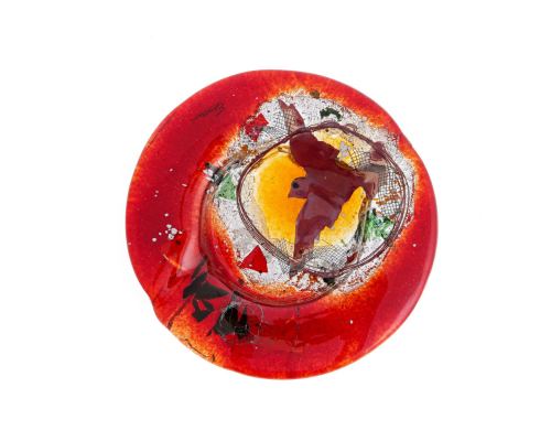 Ashtray - Handmade Fused Glass, Round Shape - Decorative Smoking Accessory - Red Bird 21cm (8.3")