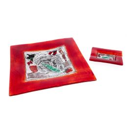 Ashtray - Handmade Fused Glass, Rectangular Shape - Decorative Smoke Accessory - Red 16cm (6.3'')