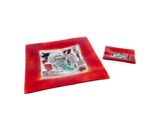 Ashtray - Handmade Fused Glass, Rectangular Shape - Decorative Smoke Accessory - Red 16cm (6.3'')