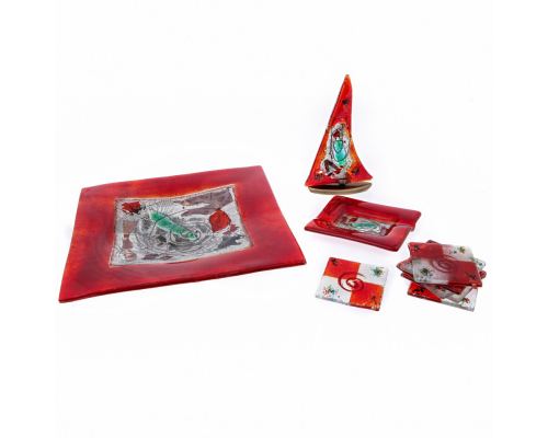 Ashtray - Handmade Fused Glass, Rectangular Shape - Decorative Smoke Accessory - Red 16cm (6.3'')