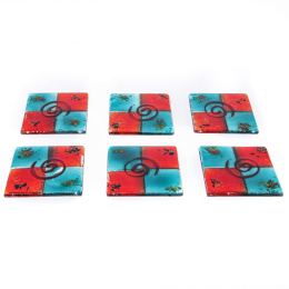 Drink Serving Coasters Set of 6 - Handmade Fused Glass - Spiral, Aqua Blue & Red