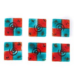 Drink Serving Coasters Set of 6 - Handmade Fused Glass - Spiral, Aqua Blue & Red