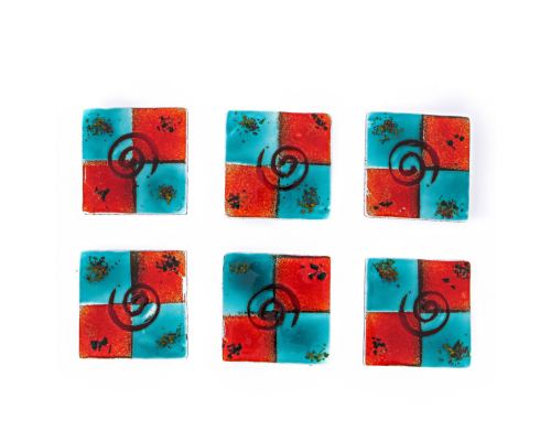 Drink Serving Coasters Set of 6 - Handmade Fused Glass - Spiral, Aqua Blue & Red