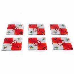 Drink Serving Coasters Set of 6 - Handmade Fused Glass - Spiral, White & Red