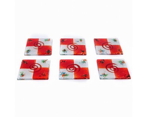 Drink Serving Coasters Set of 6 - Handmade Fused Glass - Spiral, White & Red
