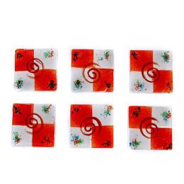 Drink Serving Coasters Set of 6 - Handmade Fused Glass - Spiral, White & Red