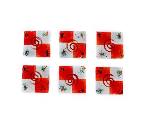 Drink Serving Coasters Set of 6 - Handmade Fused Glass - Spiral, White & Red