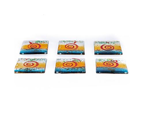 Drink Serving Coasters Set of 6 - Handmade Fused Glass - Spiral - Green, Orange & White