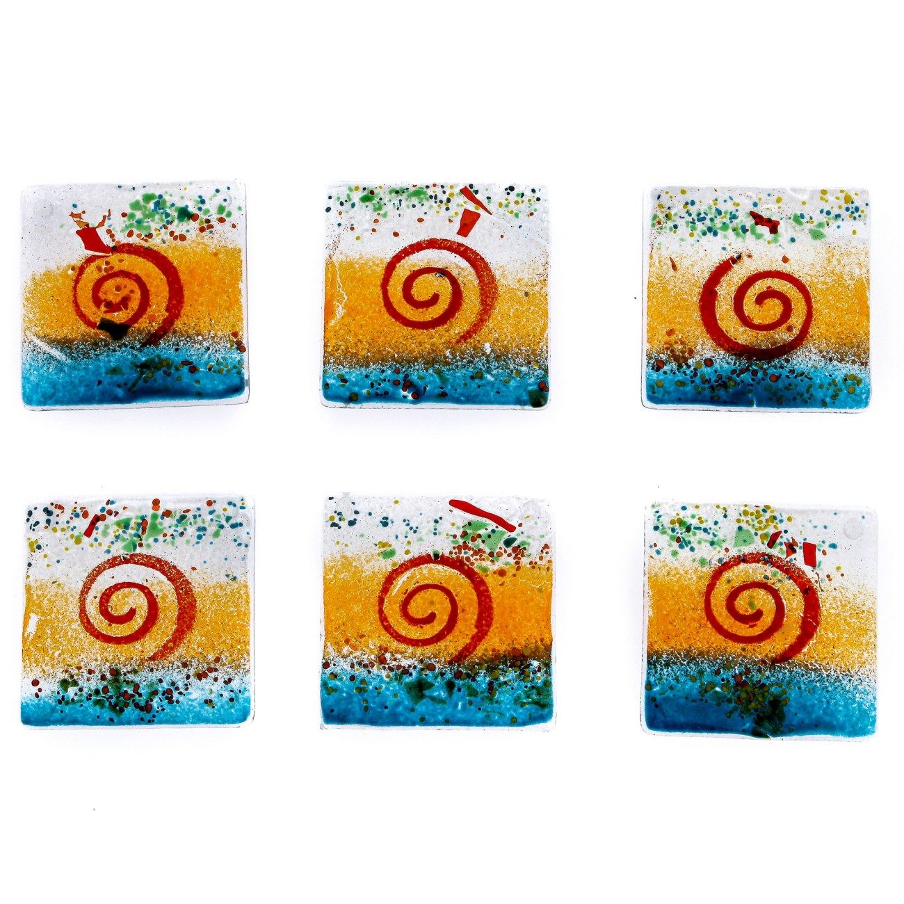 Drink Serving Coasters Set of 6 Handmade Fused Glass Spiral Green Orange White