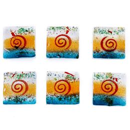 Drink Serving Coasters Set of 6 - Handmade Fused Glass - Spiral - Green, Orange & White