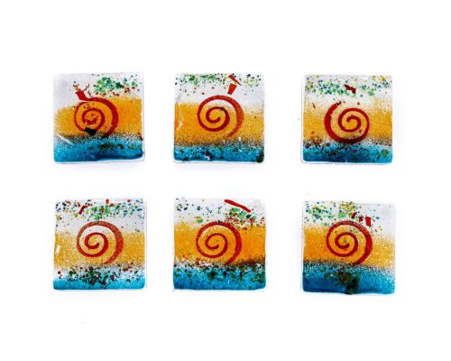 Drink Serving Coasters Set of 6 - Handmade Fused Glass - Spiral - Green, Orange & White