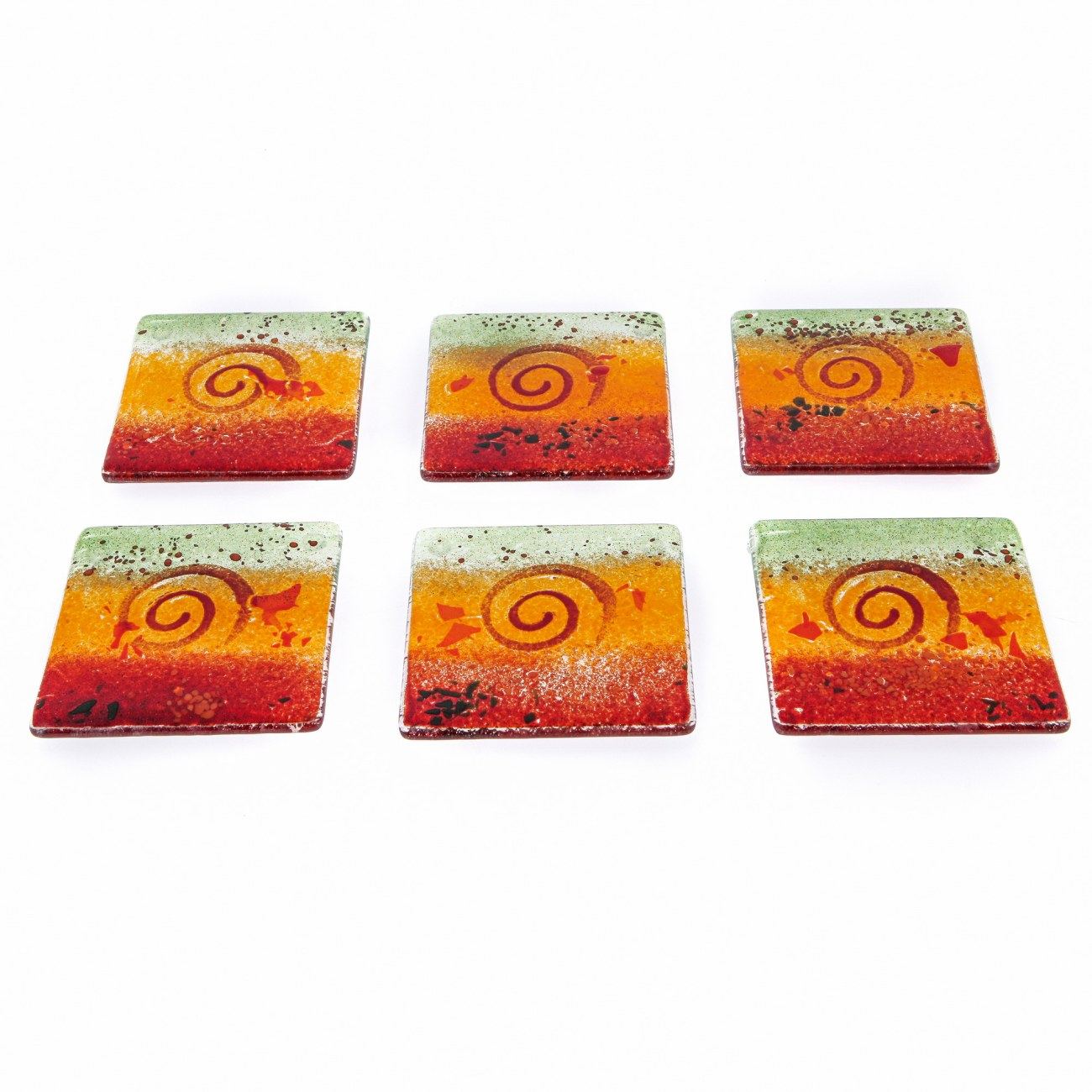 Drink Serving Coasters Set of 6 Handmade Fused Glass Spiral Red Orange Green