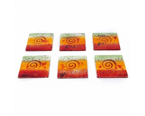 Drink Serving Coasters Set of 6 - Handmade Fused Glass - Spiral - Red, Orange & Green