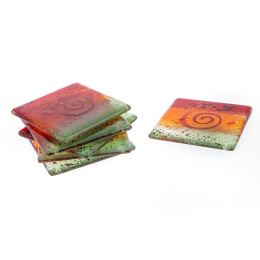 Drink Serving Coasters Set of 6 - Handmade Fused Glass - Spiral - Red, Orange & Green