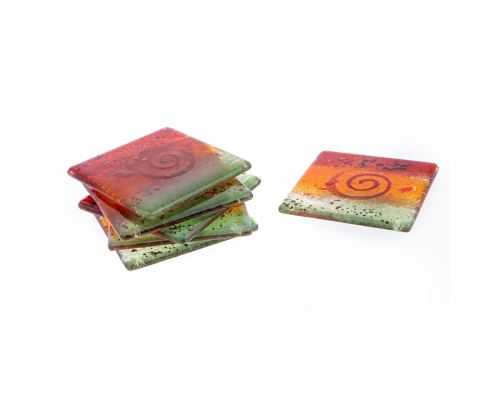 Drink Serving Coasters Set of 6 - Handmade Fused Glass - Spiral - Red, Orange & Green