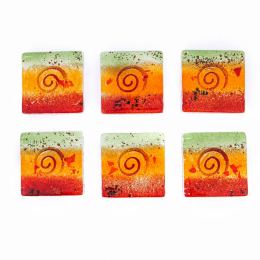 Drink Serving Coasters Set of 6 - Handmade Fused Glass - Spiral - Red, Orange & Green