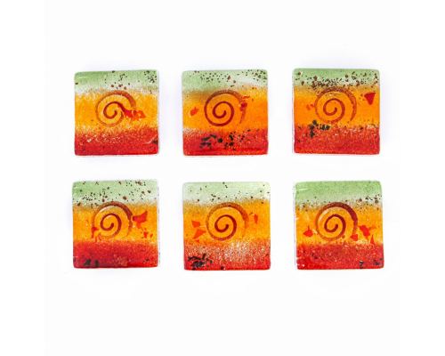Drink Serving Coasters Set of 6 - Handmade Fused Glass - Spiral - Red, Orange & Green