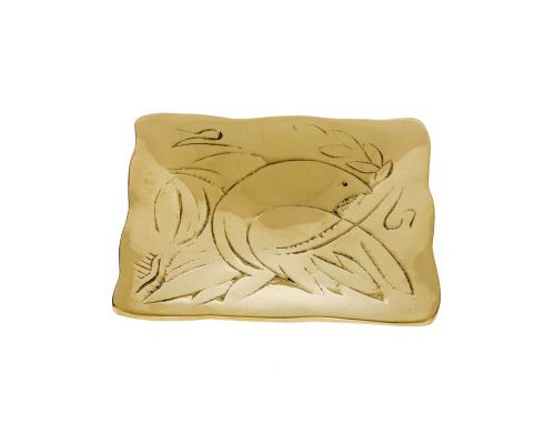 Decorative Metal Plate, Engraved Dove Bird Design - Handmade Solid Bronze, Gold Color, 9.5x9.5cm