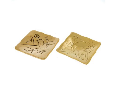 Decorative Metal Plate, Engraved Dove Bird Design - Handmade Solid Bronze, Gold Color, 9.5x9.5cm