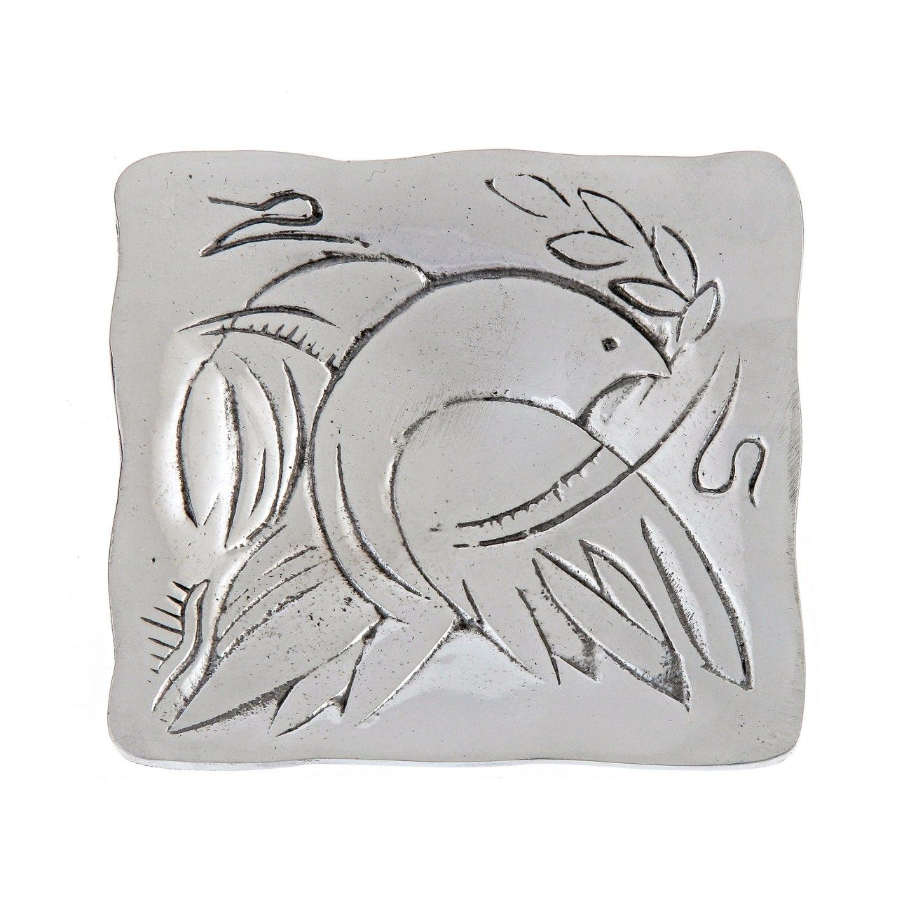 Decorative Metal Plate, Engraved Dove Bird Design Handmade Solid Aluminum, Silver Color, 9.5x9.5cm