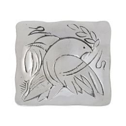 Decorative Metal Plate, Engraved Dove Bird Design - Handmade Solid Aluminum, Silver Color, 9.5x9.5cm