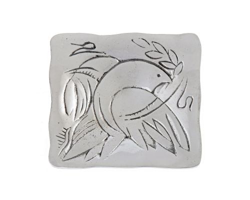 Decorative Metal Plate, Engraved Dove Bird Design - Handmade Solid Aluminum, Silver Color, 9.5x9.5cm