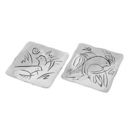 Decorative Metal Plate, Engraved Dove Bird Design - Handmade Solid Aluminum, Silver Color, 9.5x9.5cm