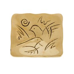 Decorative Metal Plate, Engraved 2 Dove Birds Design - Handmade Solid Bronze, Gold Color, 9.5x9.5cm