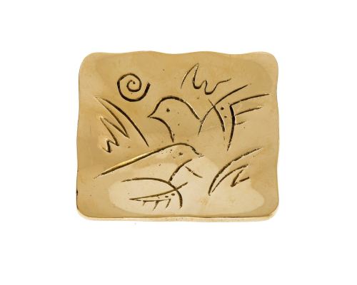 Decorative Metal Plate, Engraved 2 Dove Birds Design - Handmade Solid Bronze, Gold Color, 9.5x9.5cm