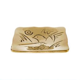 Decorative Metal Plate, Engraved 2 Dove Birds Design - Handmade Solid Bronze, Gold Color, 9.5x9.5cm