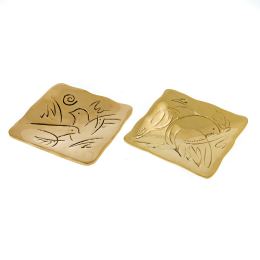 Decorative Metal Plate, Engraved 2 Dove Birds Design - Handmade Solid Bronze, Gold Color, 9.5x9.5cm